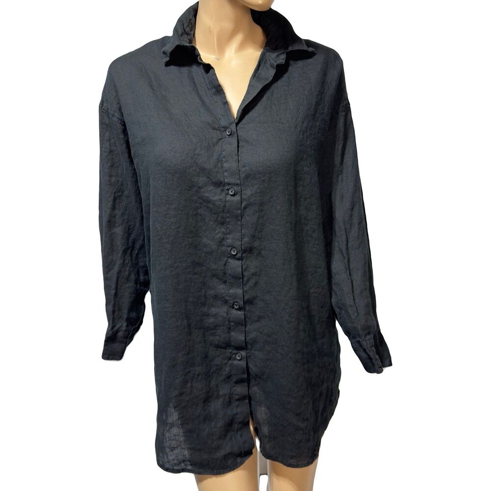 Calzedonia Cobey Black Long Sleeve Button Up Linen Tunic Swim Cover Up S Small
